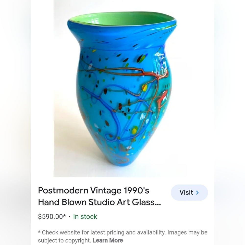 Postmodern Vintage 90s hand blow Studio Art Glass aque blue abstract vase - Picture 16 of 16